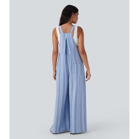 NWOT Halara Stripe Wide Leg Flowy Casual Linen-Feel Overalls with Pockets XL Blu - Picture 2 of 9